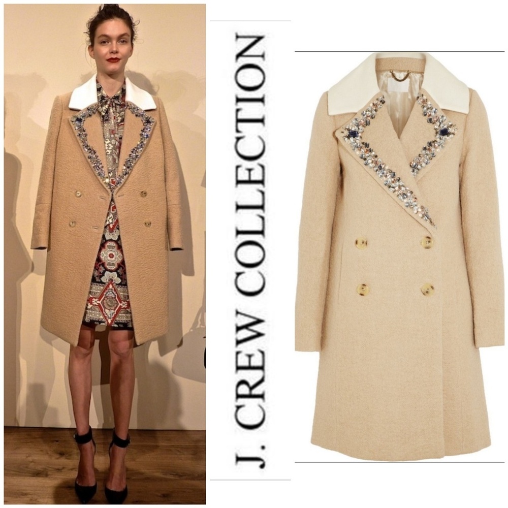 J. Crew Beige Wool Blend Double-Breasted Coat with White Collar and Crystal Trim